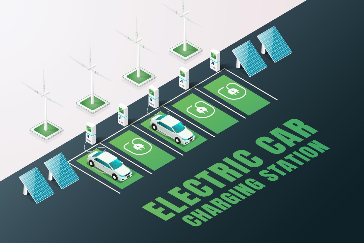 station de recharge de stationnement pour véhicules électriques, voitures électriques, panneaux solaires et éoliennes. vecteur