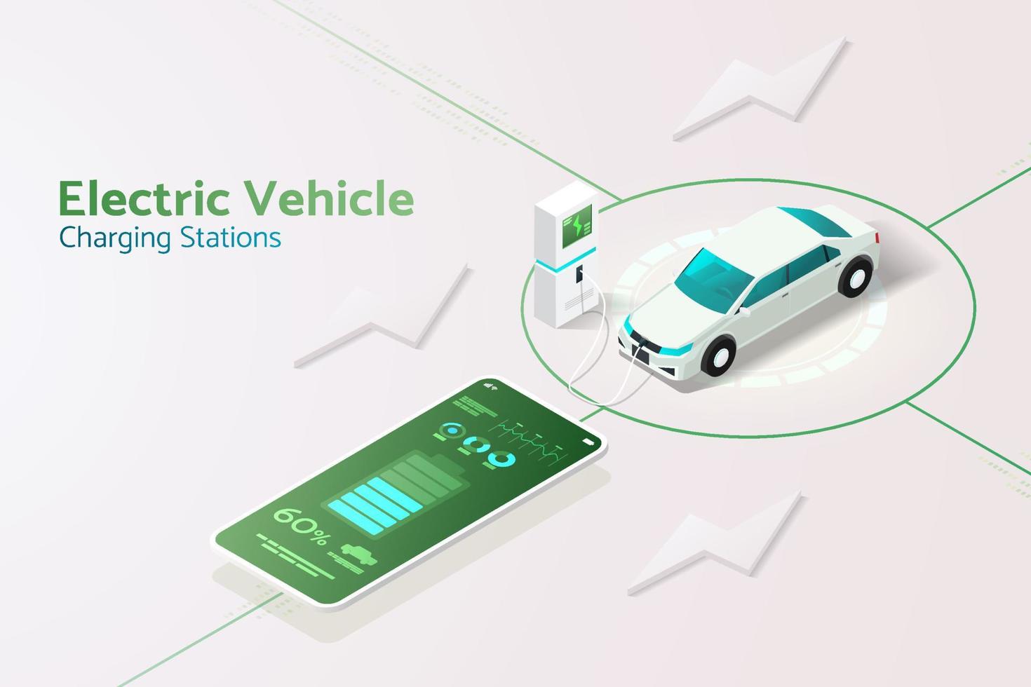 borne de recharge pour véhicules électriques chargeant la voiture via l'application smartphone. vecteur