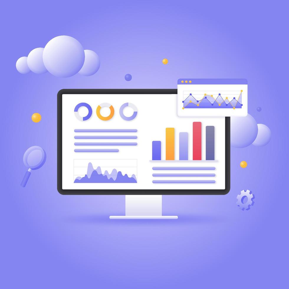 panneau d'information sur l'écran du moniteur. analyse de données commerciales en ligne, rapport sur les investissements et les finances. vecteur