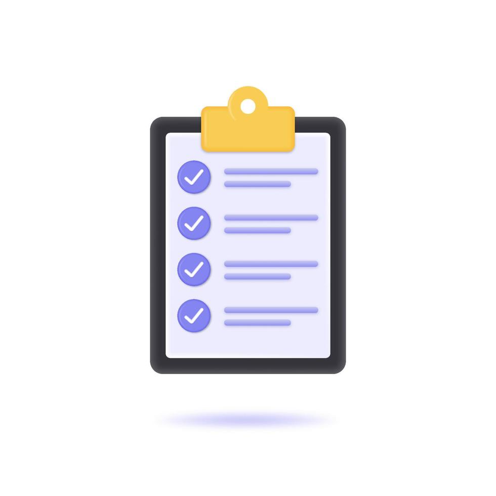 liste de contrôle 3d avec coches. le concept d'une tâche terminée, d'un plan de travail, d'un test ou d'un examen. vecteur