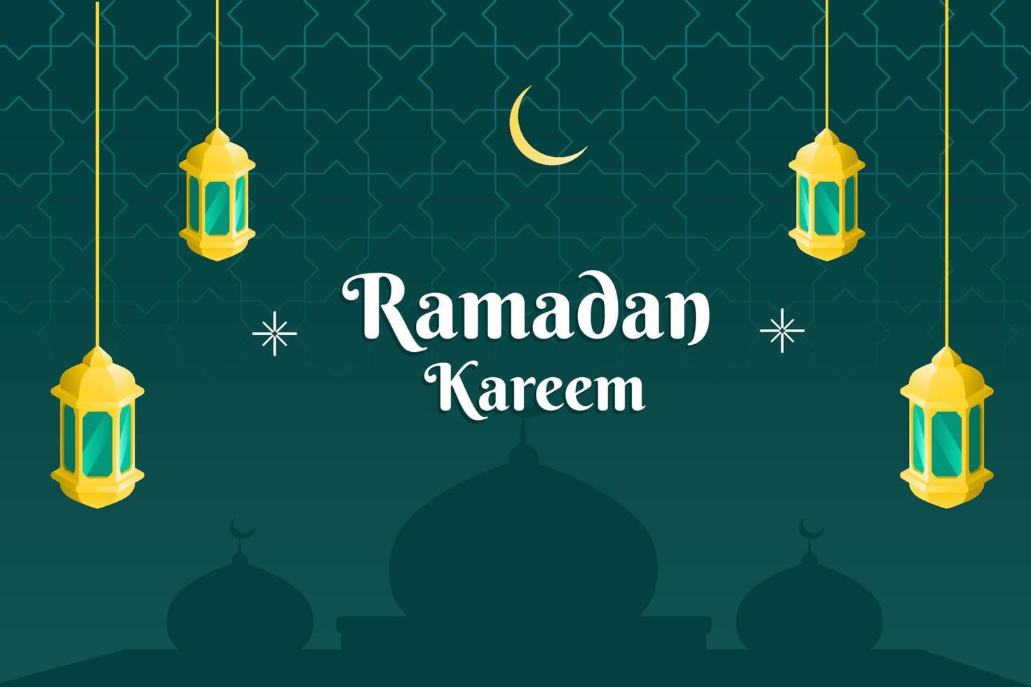 conception de bannière de ramadan kareem. avec lanternes dorées, mosquée et fond vert vecteur