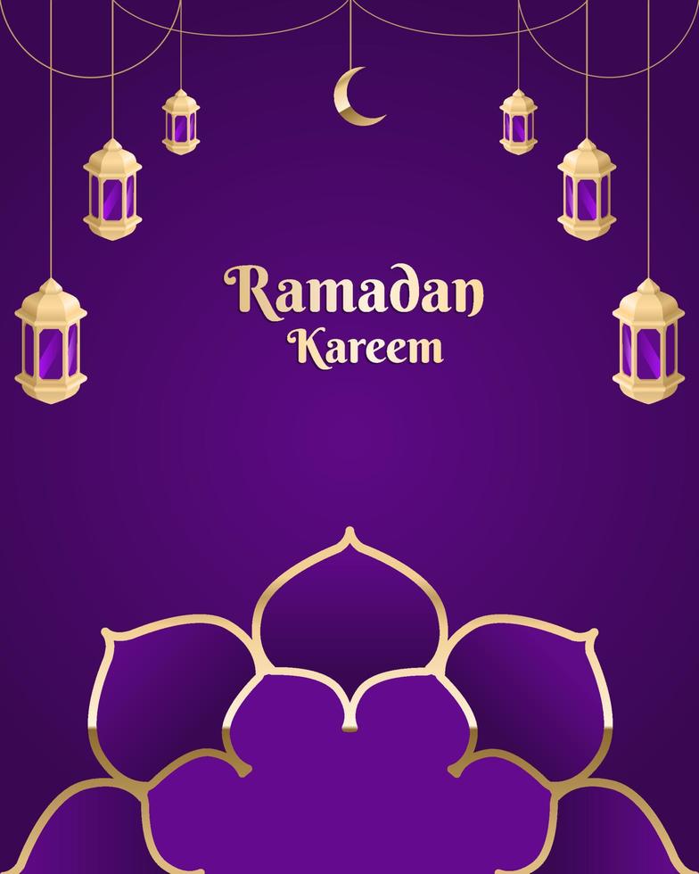 affiches de ramadan kareem ou conception d'invitation avec des lanternes et des ornements islamiques, sur fond violet vecteur