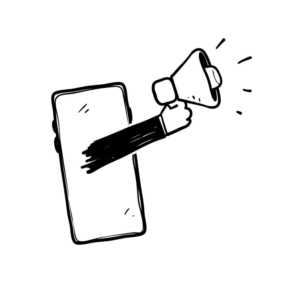 smartphone doodle dessiné à la main et symbole de mégaphone pour l'icône de marketing numérique isolée vecteur
