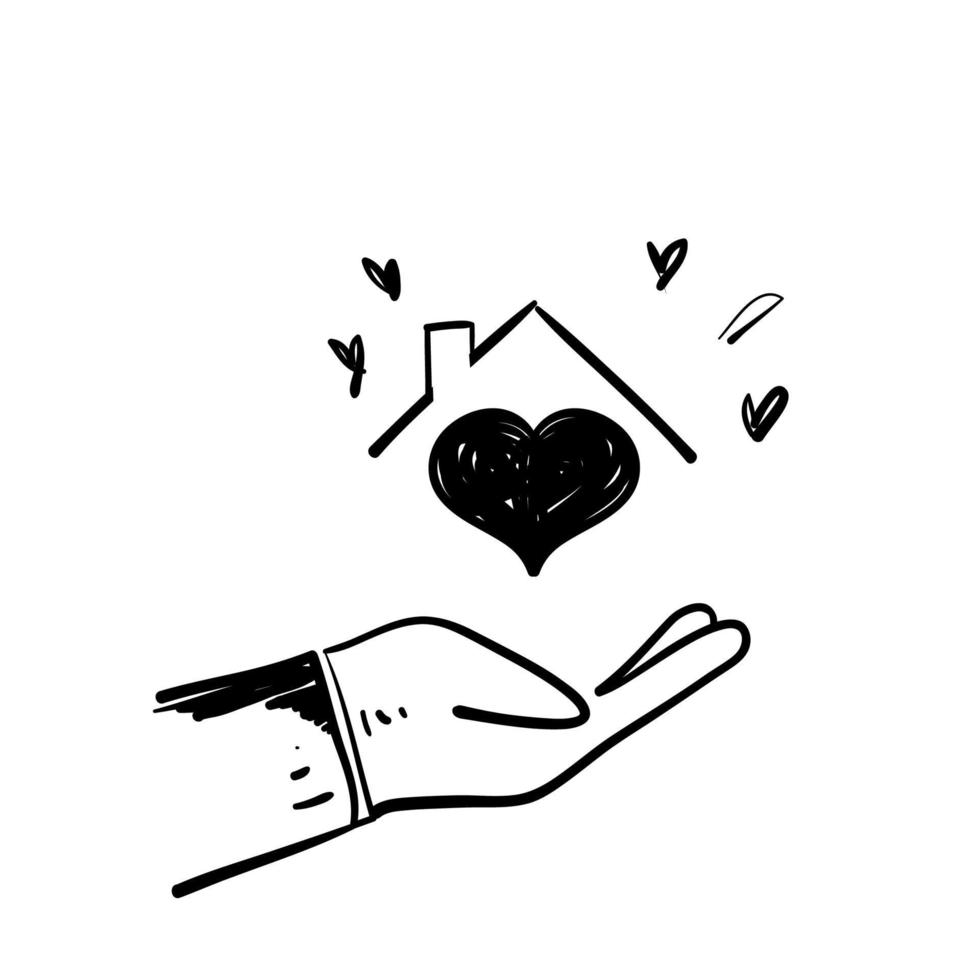 main doodle dessiné à la main tenant la maison avec l'icône d'illustration d'amour isolé vecteur