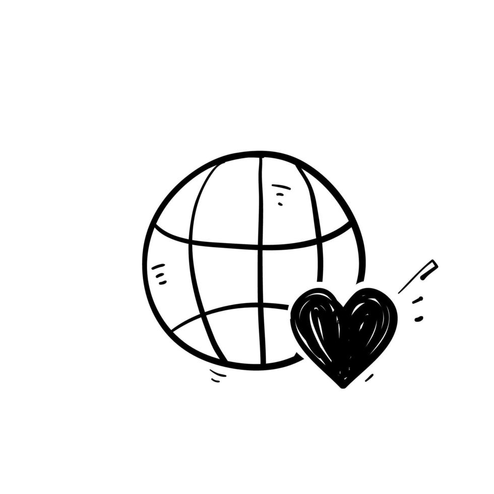 dessiné à la main doodle terre globe amour icône illustration vecteur isolé