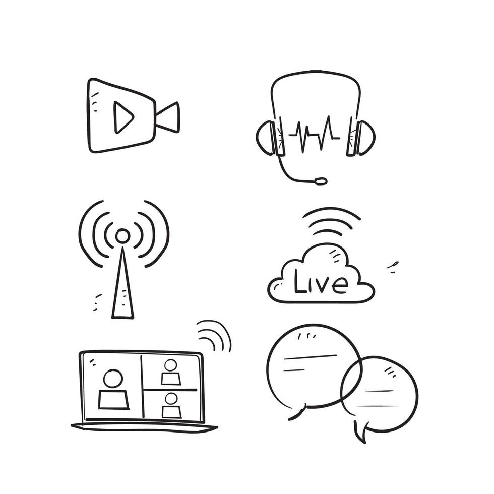 illustration d'icônes de streaming en direct vecteur doodle dessinés à la main