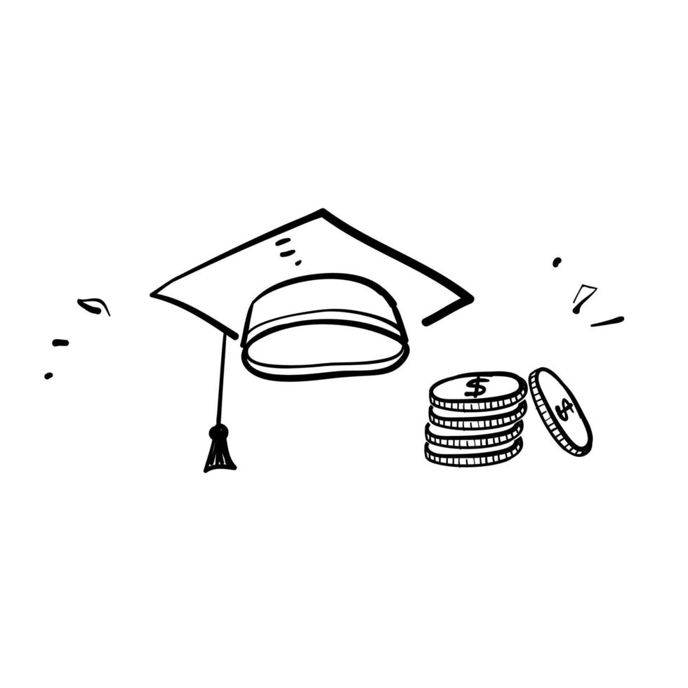 chapeau de graduation doodle dessiné à la main et illustration de l'argent pour les frais de scolarité vecteur