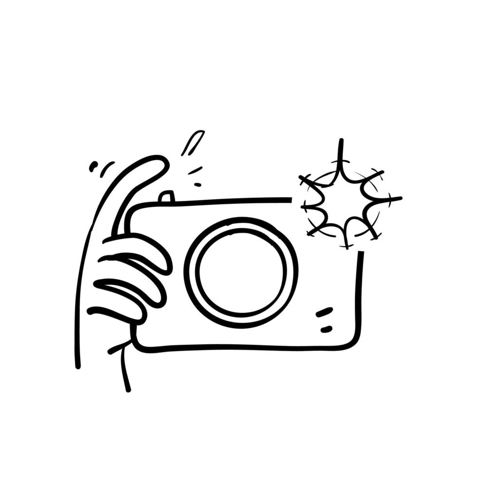 appareil photo doodle dessiné à la main et flash icône illustration vecteur isolé