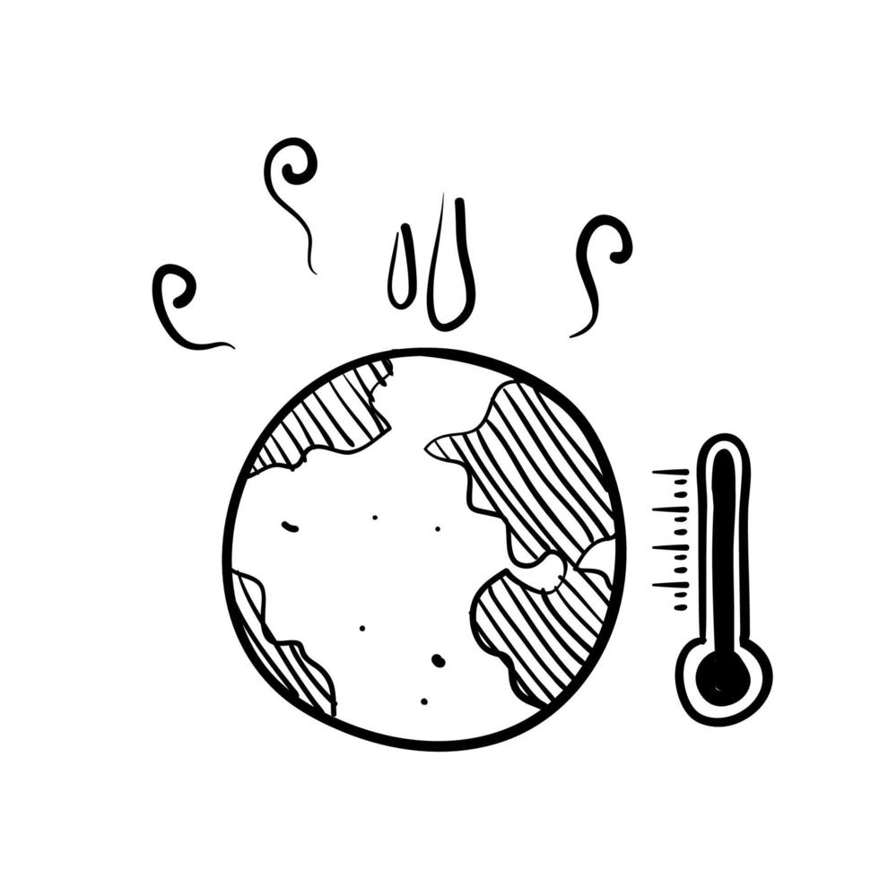 symbole de terre et de thermomètre de doodle dessiné à la main pour le vecteur d'illustration de réchauffement climatique isolé