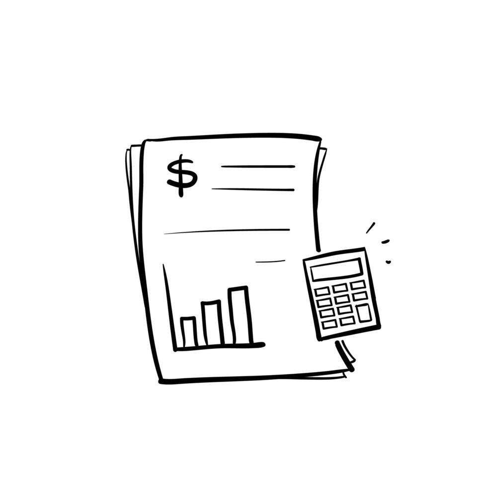 document d'analyse financière doodle dessiné à la main et icône de la calculatrice illustration symbole vectoriel pour le rapport financier isolé