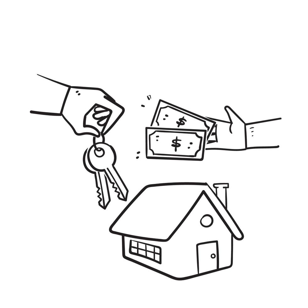 main doodle dessiné à la main donne la clé pour la location ou la vente de maison vecteur d'illustration isolé