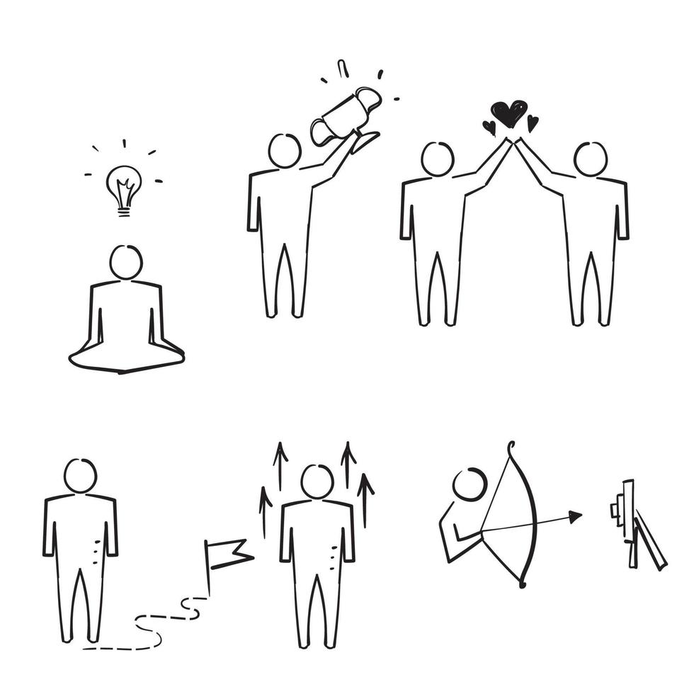 personnes doodle dessinés à la main atteignant l'icône d'illustration de succès objectif vecteur