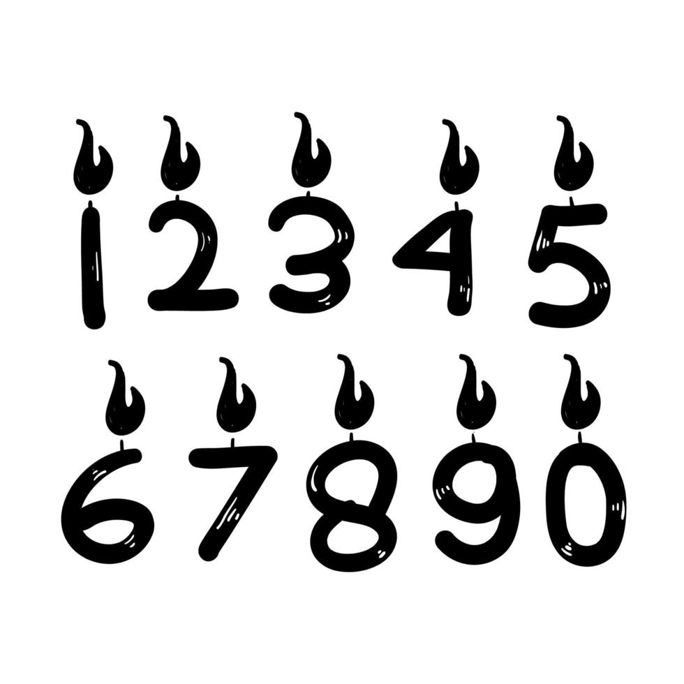 bougie d'anniversaire dessinée à la main avec illustration d'icône de numéro isolée dans doodle vecteur