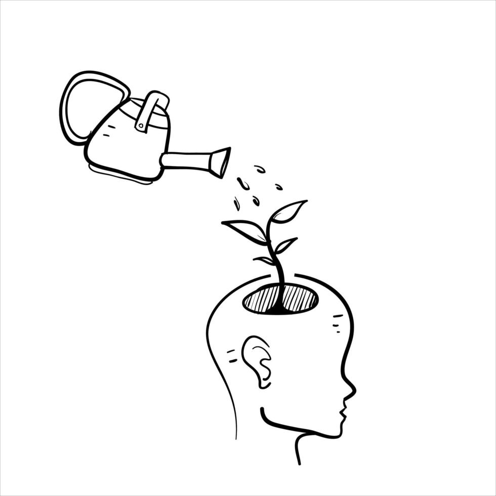 main dessinée doodle arrosage plante sur l'esprit ou le symbole du cerveau pour le développement ou la croissance idée illustration vecteur isolé