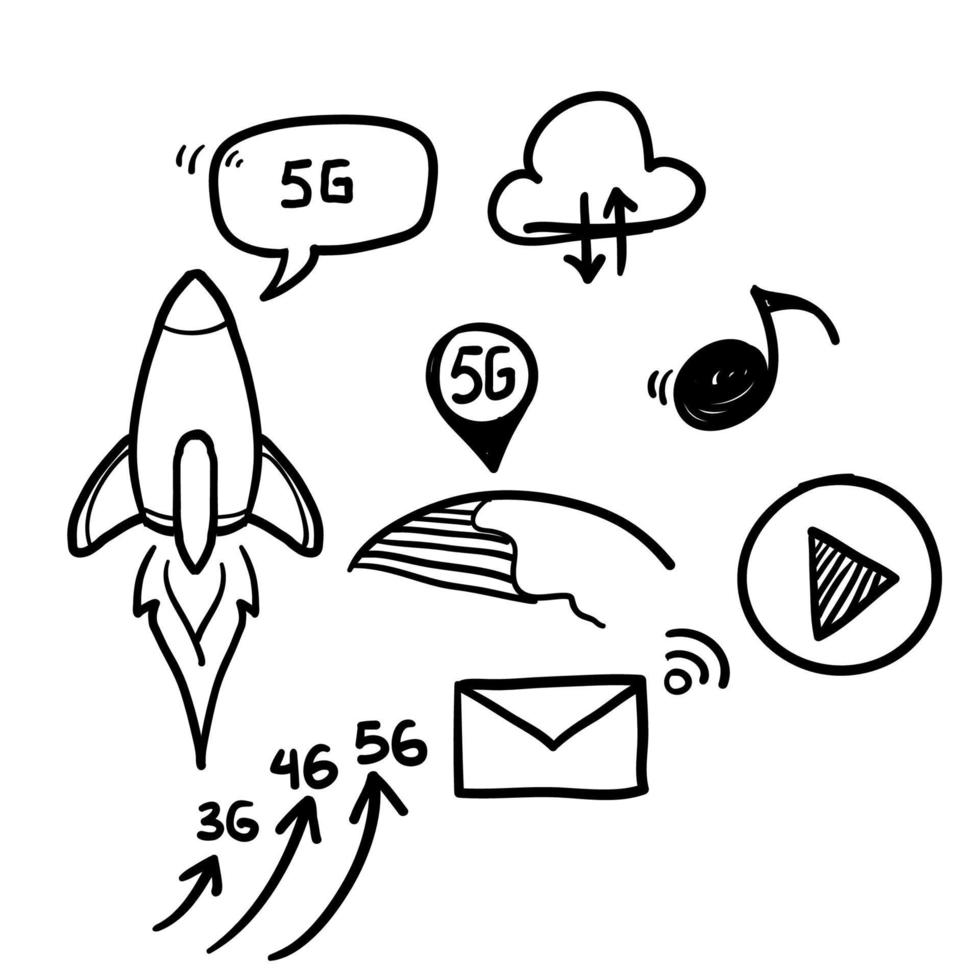 concept de réseau de doodle dessiné à la main 5g. télécommunications de cinquième génération, vitesse de connexion Internet rapide et ensemble d'illustrations vectorielles de réseaux à faible latence vecteur