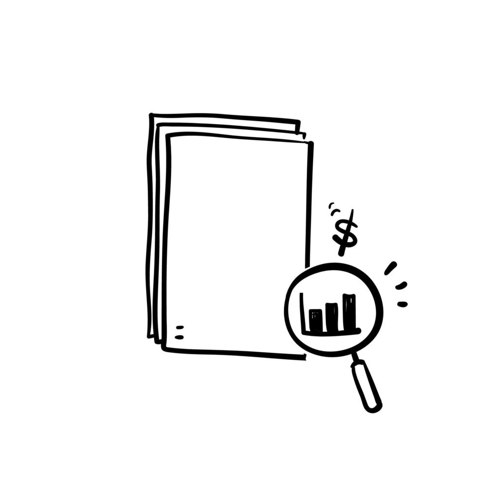 document de doodle dessiné à la main et symbole de loupe pour l'icône de recherche analytique vecteur