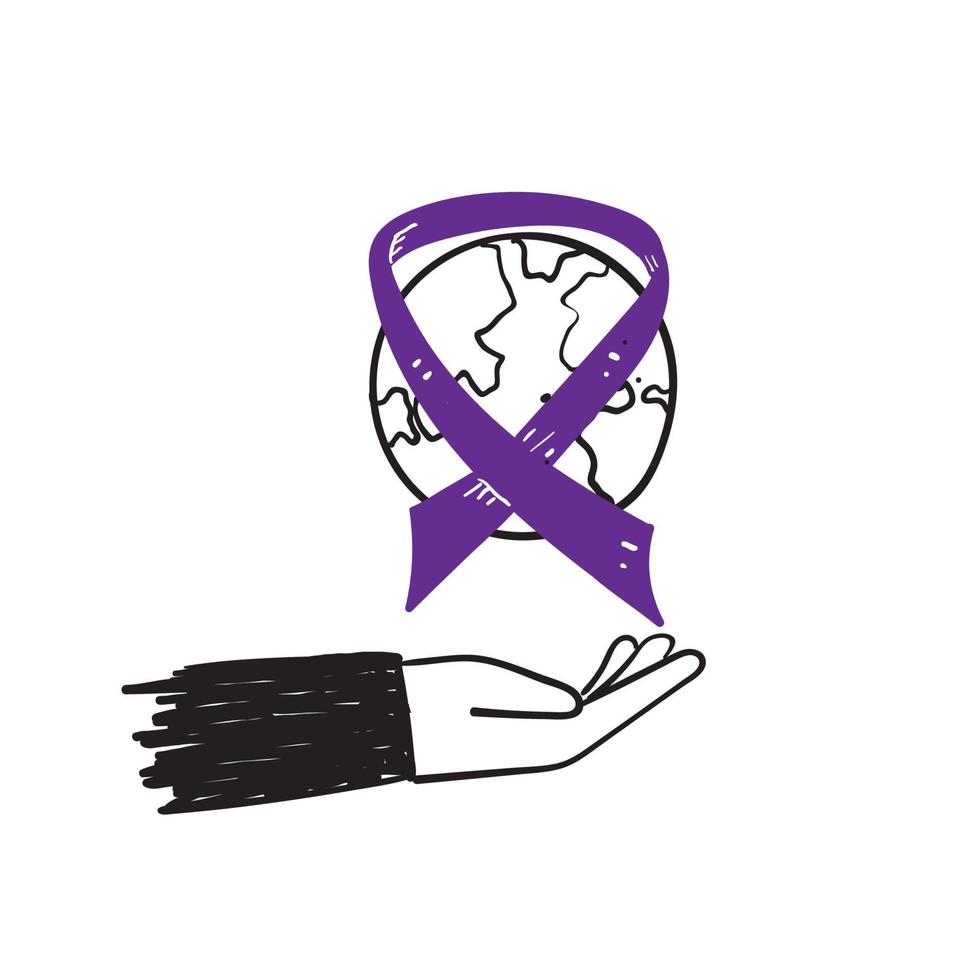 main dessinée doodle main tenant le symbole du ruban pour l'icône d'illustration de la journée mondiale du cancer isolée vecteur