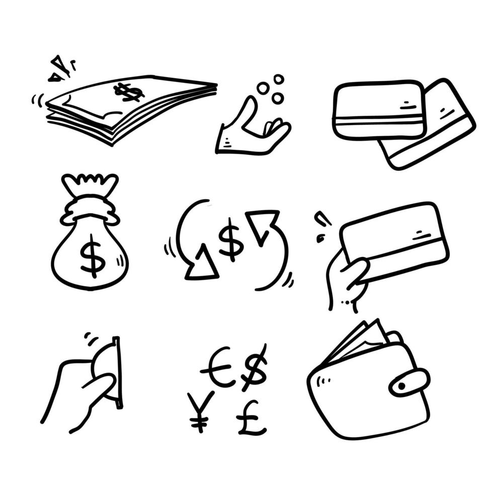 doodle dessiné à la main ensemble simple d'icônes de ligne vectorielle liées à l'argent dans le vecteur de style art en ligne isolé
