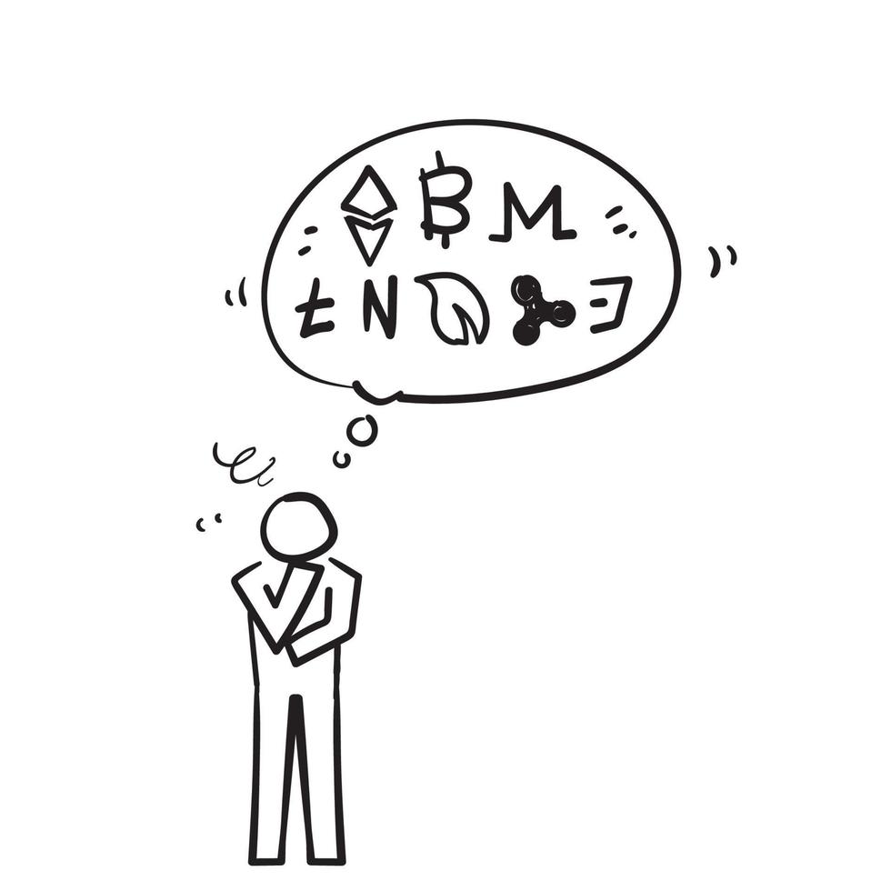 dessinés à la main doodle personnes pensant symbole de crypto-monnaie illustration vecteur isolé