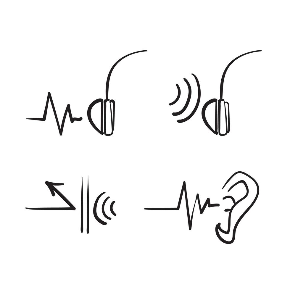 oreille et casque doodle dessinés à la main avec icône isolée de vecteur d'illustration de bloc d'onde sonore