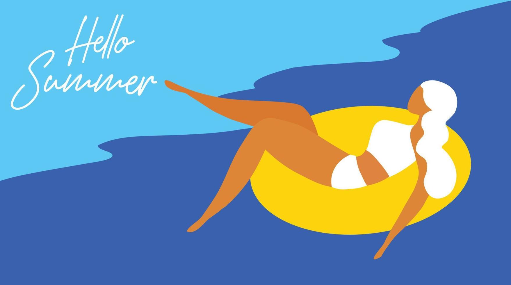 Bonjour lettrage d'été sur bikini femme sur anneau jaune en illustration vectorielle de mer. fond de concept de vacances de vacances d'été vecteur
