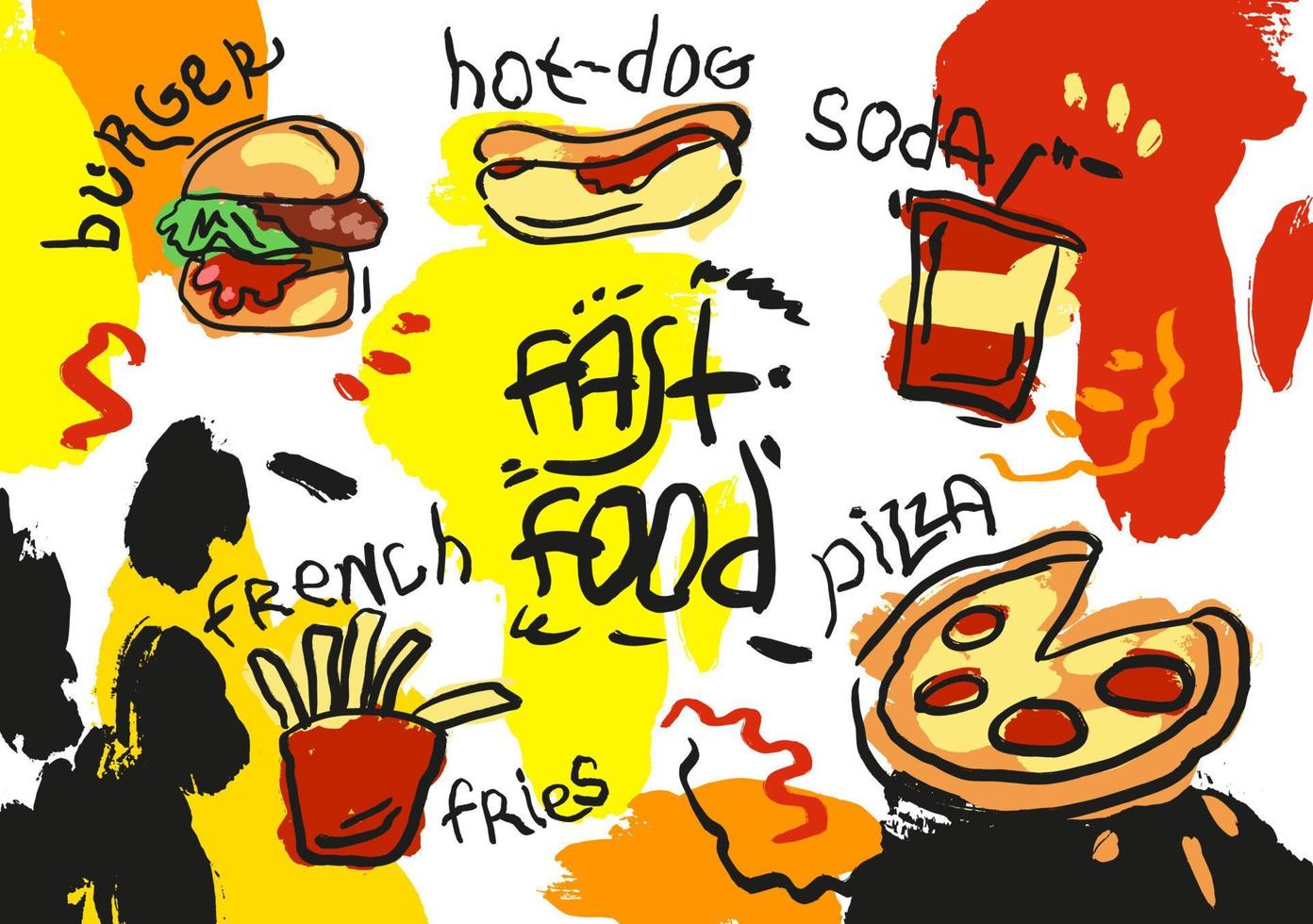 ensemble de nourriture dessinée à la main isolée sur fond blanc et couleur, doodle de restauration rapide. illustration vectorielle colorée, burger, français gratuit, hot-dog, pizza, soda vecteur