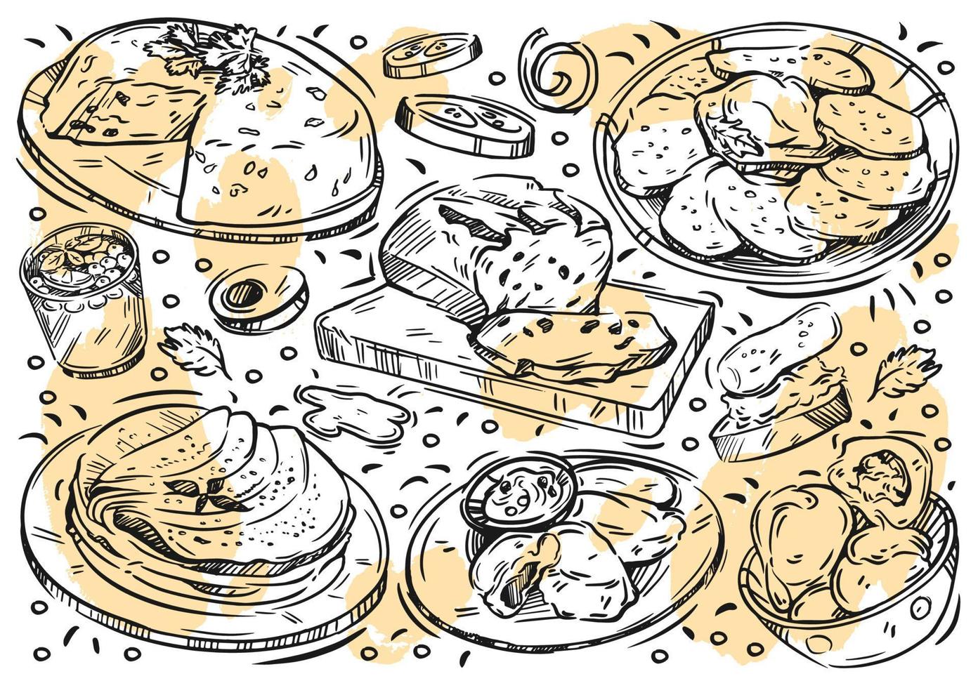 nourriture d'illustration vectorielle de ligne dessinée à la main sur fond blanc. doodle cuisine biélorusse, kletski, crêpes, babka, draniki, boisson aux fruits, boulettes, bruschetta, concombre, pain vecteur