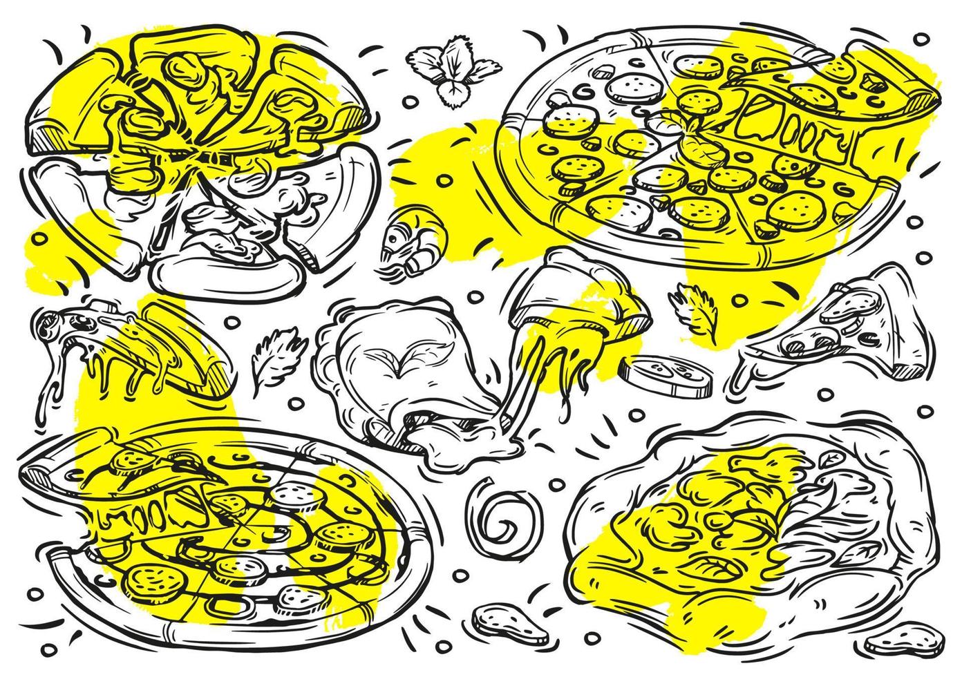 illustrations de lignes vectorielles dessinées à la main avec graphique de pizza sur fond blanc. éléments vintage de griffonnage, ingrédients, pepperoni, calzone, margherita, chicago vecteur