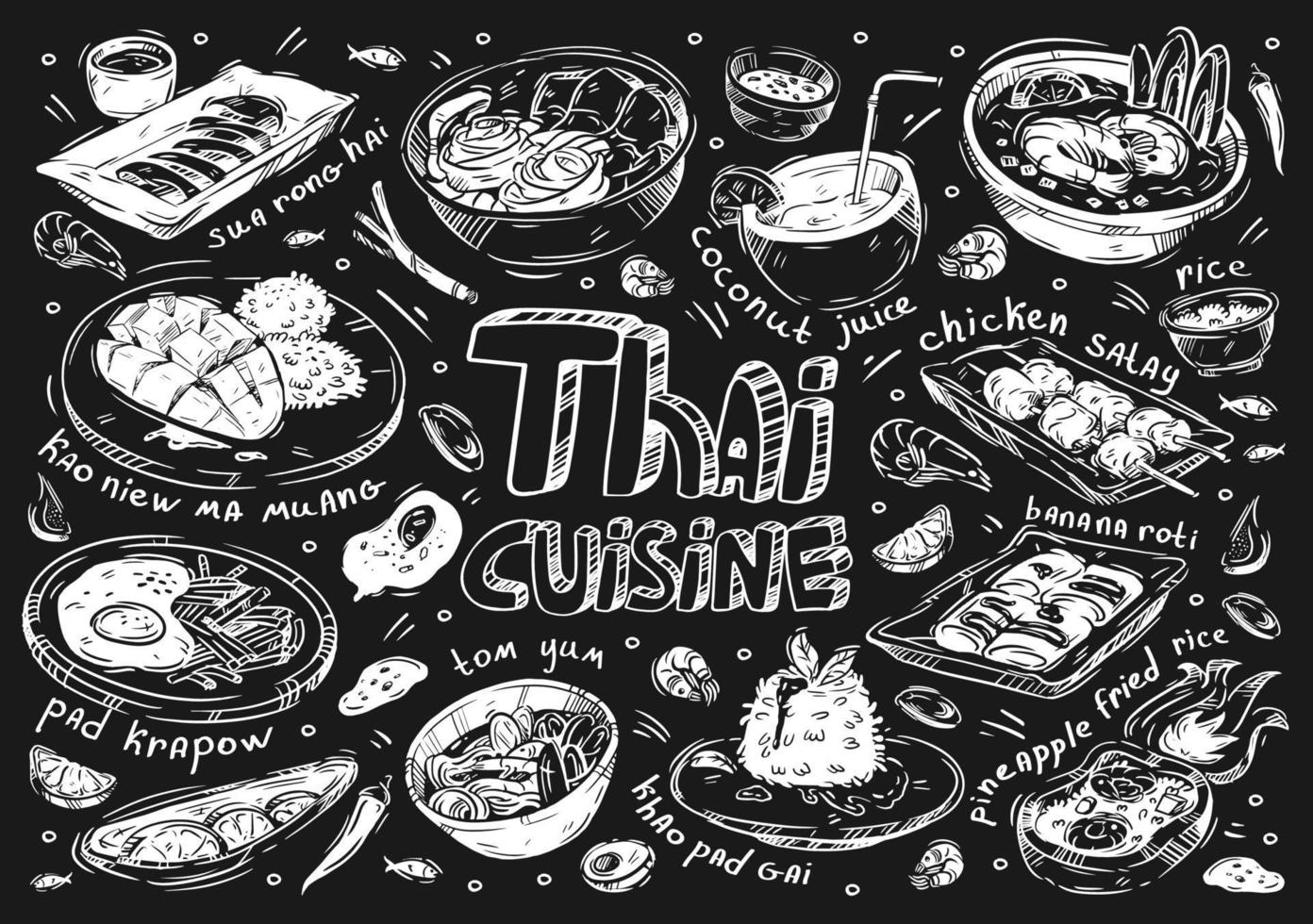 nourriture d'illustration vectorielle dessinés à la main. doodle thai cuisine, viande sua rong hai, kaoniew ma muang, pad krapow, soupe tom yum, khao pad gai, ananas fred rice, banana roti, poulet satay, jus de noix de coco vecteur