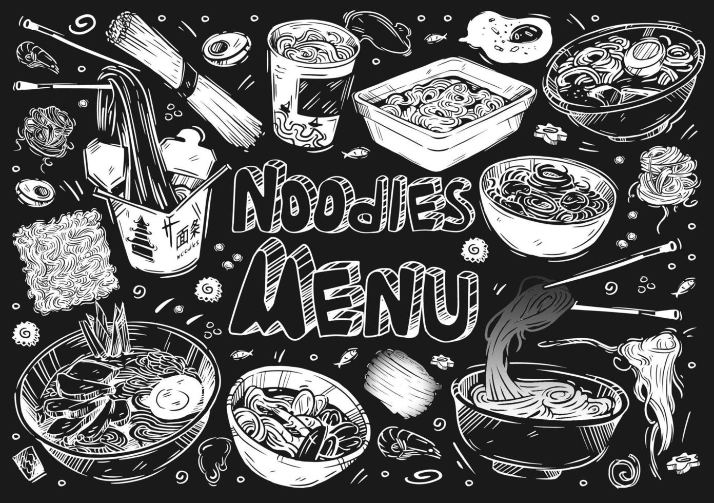 illustration vectorielle. croquis dessinés à la main de nourriture. types de nouilles de griffonnage, soba, funchose, udon, ramen, wok vecteur