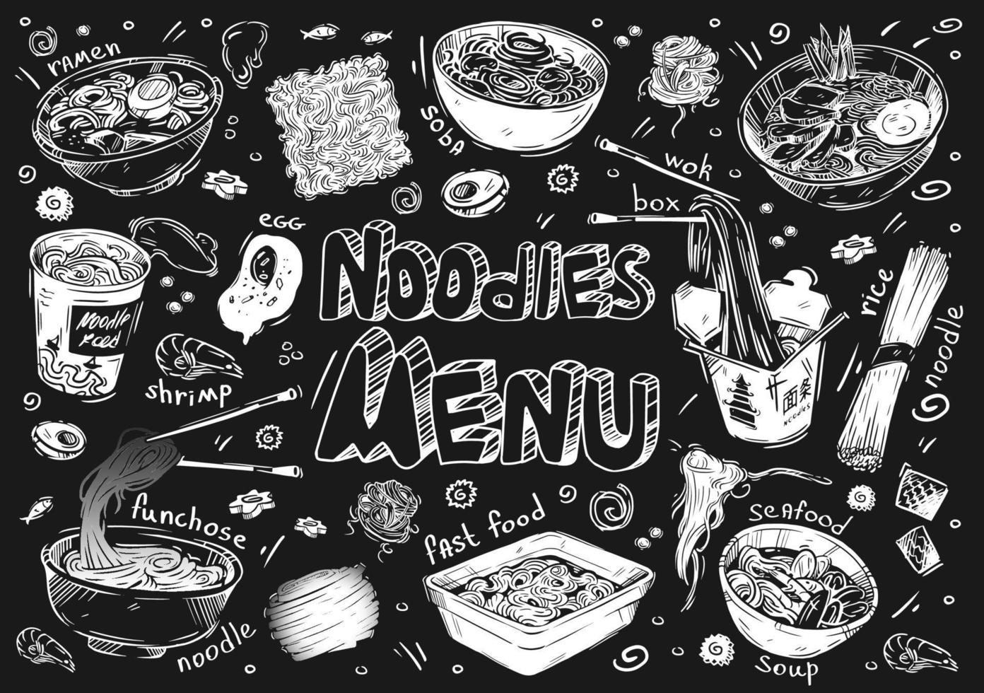 illustration vectorielle. croquis dessinés à la main de nourriture. doodle types de nouilles, soba, funchose, udon, ramen, somen, wok. ingrédients de nouilles instantanées vecteur