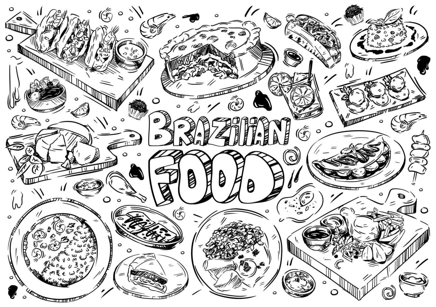 illustration vectorielle dessinés à la main. cuisine brésilienne doodle, viande grillée, truffe au chocolat, collations, salsa de vinagrette, montée, ragoût de poisson, tourte au poulet, caipirinha vecteur