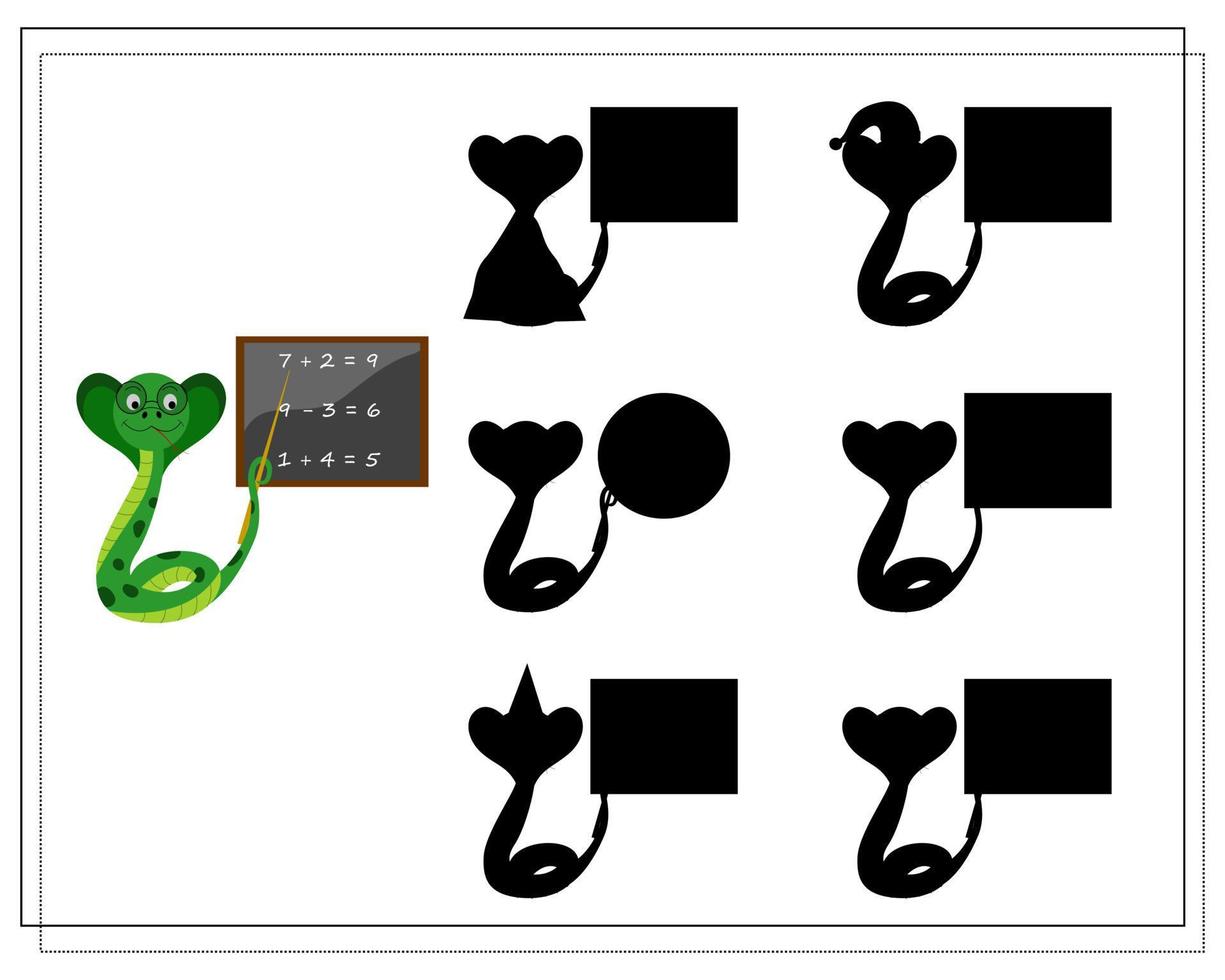 un jeu de logique pour les enfants, trouvez la bonne ombre. serpent mignon de bande dessinée, vecteur