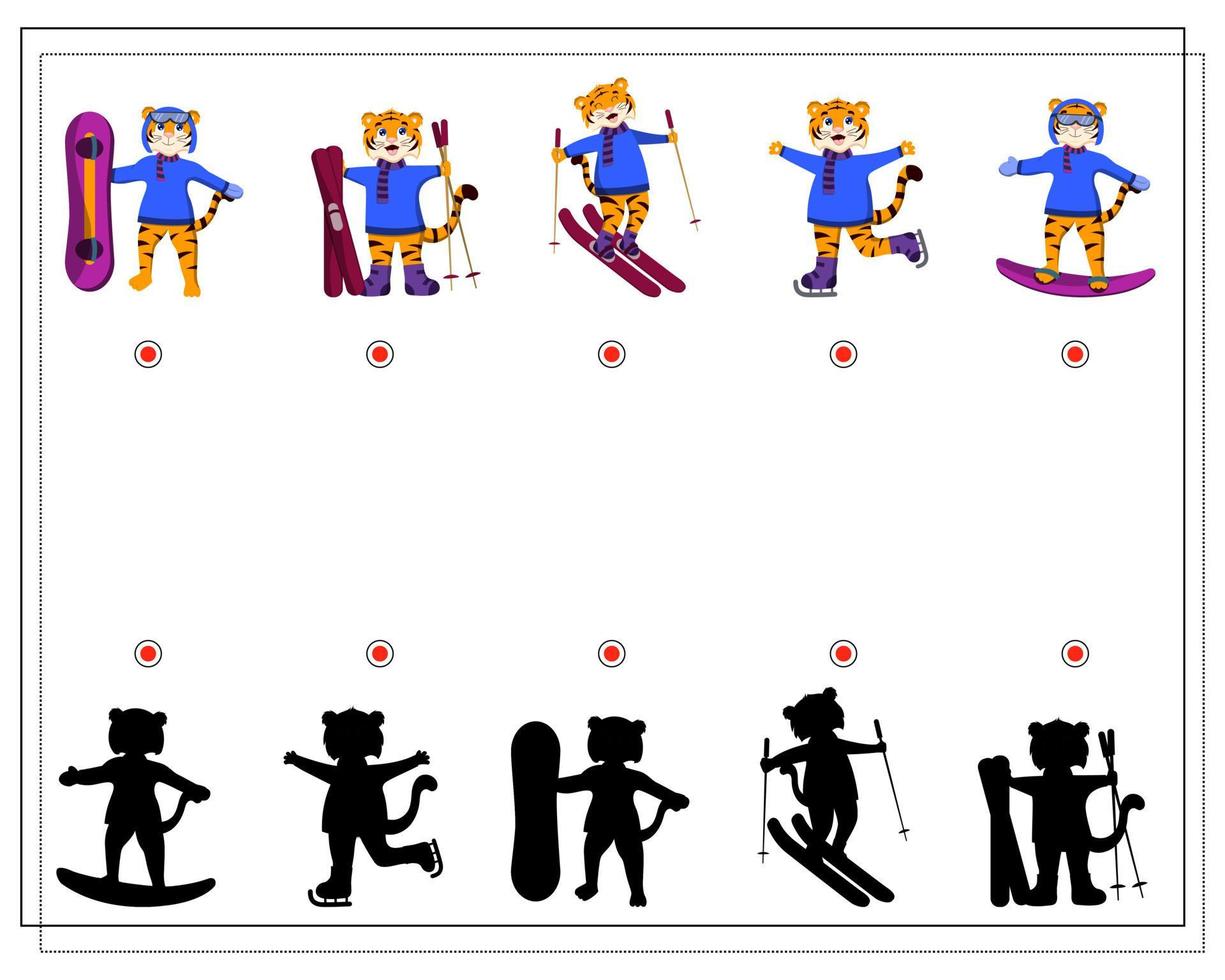 jeu pour enfants trouver la bonne ombre, dessin animé tigre sports d'hiver vecteur