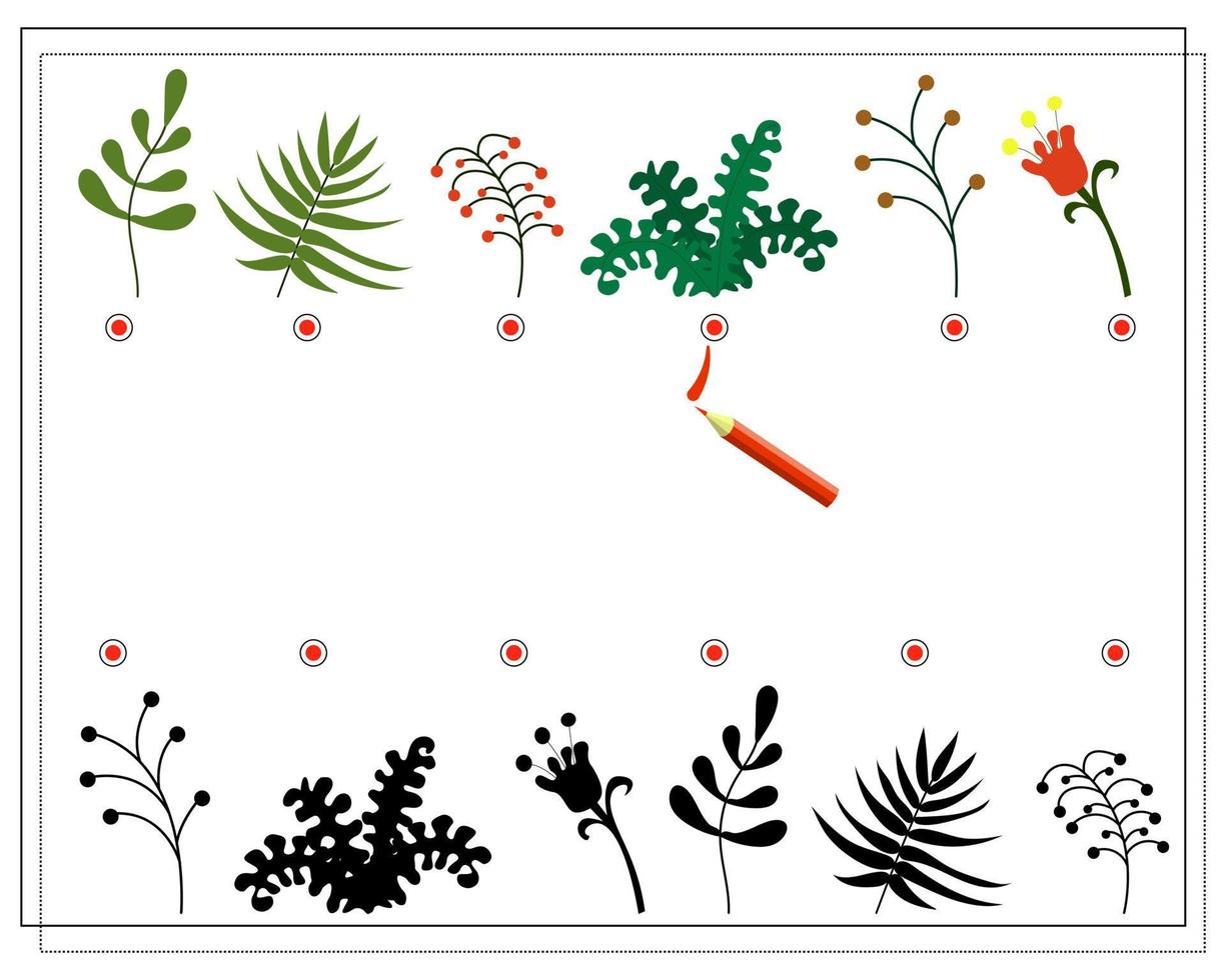 jeu de logique pour enfants trouver la bonne ombre. brindilles de plantes. vecteur