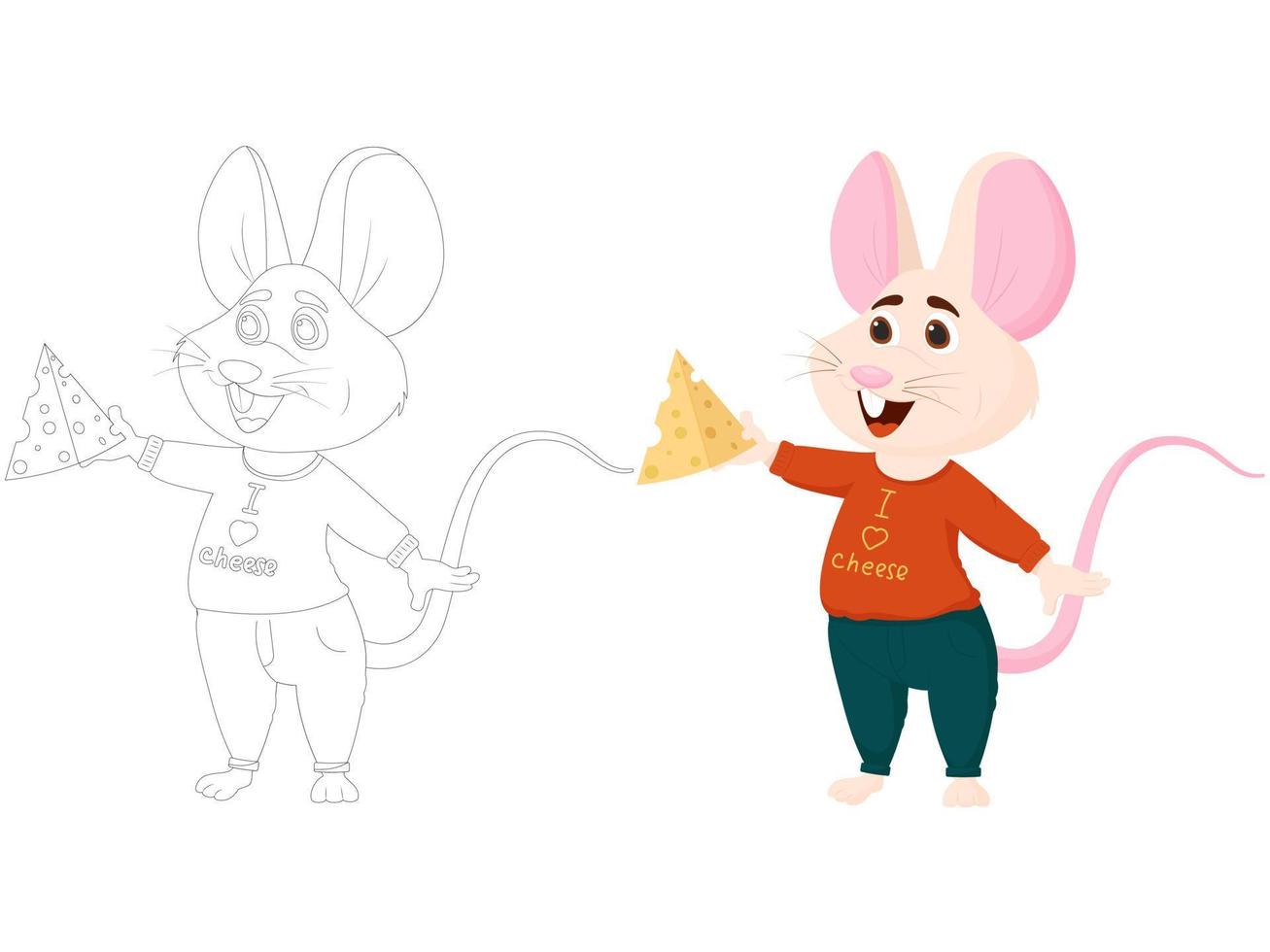 personnage de souris souriant de dessin animé avec du fromage. illustration vectorielle plane. livre de couleurs. vecteur