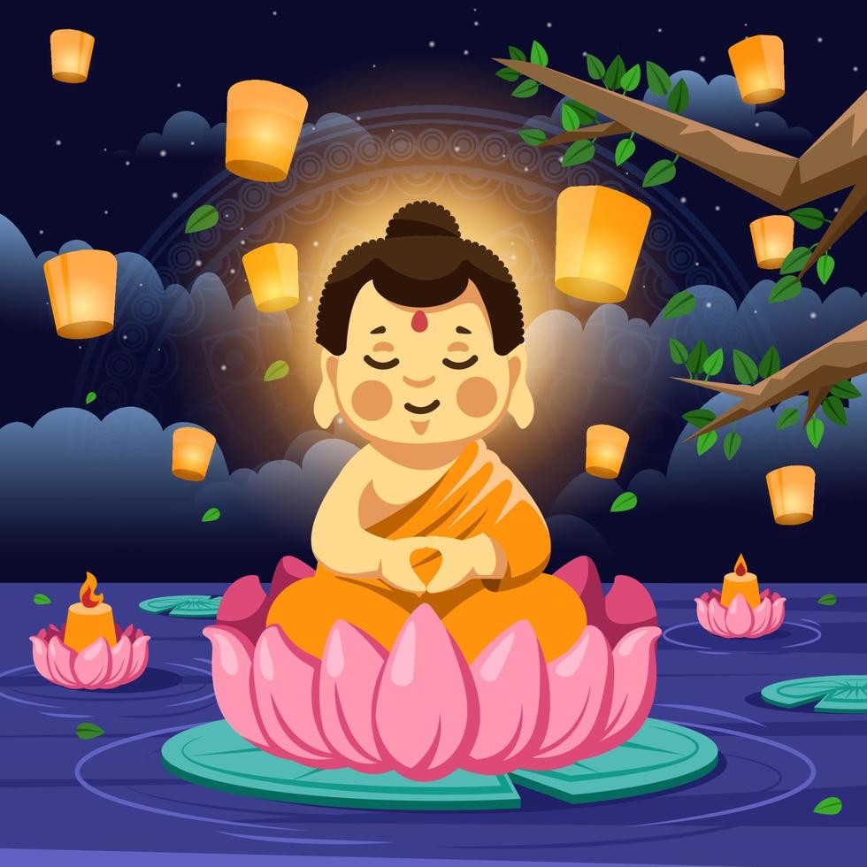 bouddha priant sur un coussin de lotus le jour du vesak vecteur