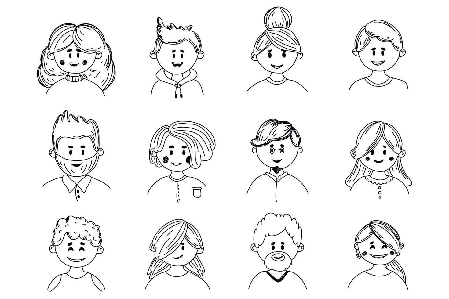 les gens doodle jeu d'avatar. diversité des hommes et des femmes âgés et jeunes. personnes avec des coiffures différentes. illustration vectorielle dans un style de croquis plat. jeu d'icônes de portraits. vecteur