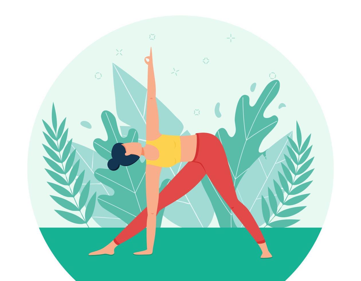 une fille pratique le yoga dans le parc. le concept de cours de yoga.yoga en plein air dans la nature. style plat. la fille dans la pose d'un triangle. un personnage de dessin animé féminin sur fond de feuillage et de plantes vecteur