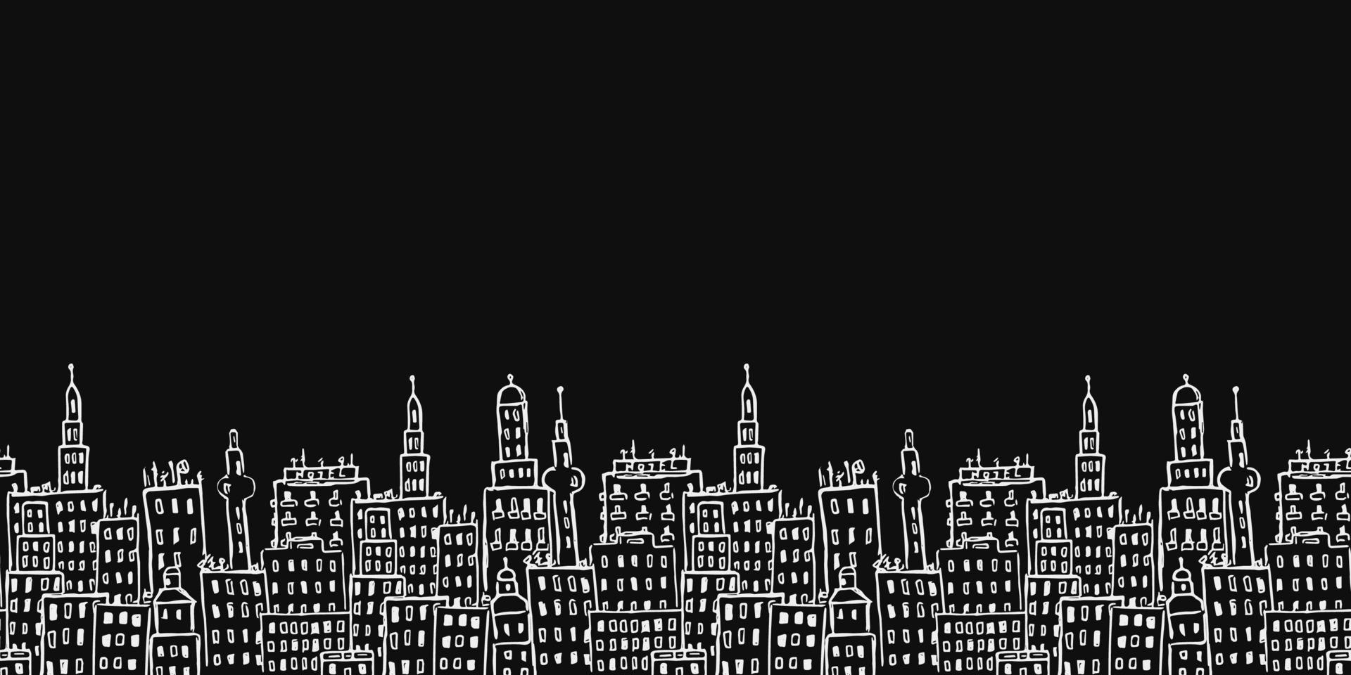 modèle sans couture horizontal noir avec des bâtiments de la ville. fond noir et blanc vecteur