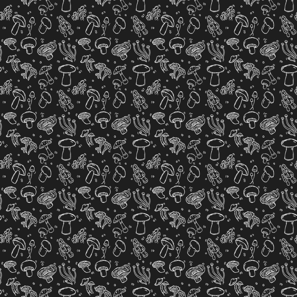 modèle vectorielle continue avec des champignons. vecteur de doodle avec des icônes de champignons sur fond noir. motif champignon vintage, fond d'éléments doux pour votre projet, menu, boutique de café