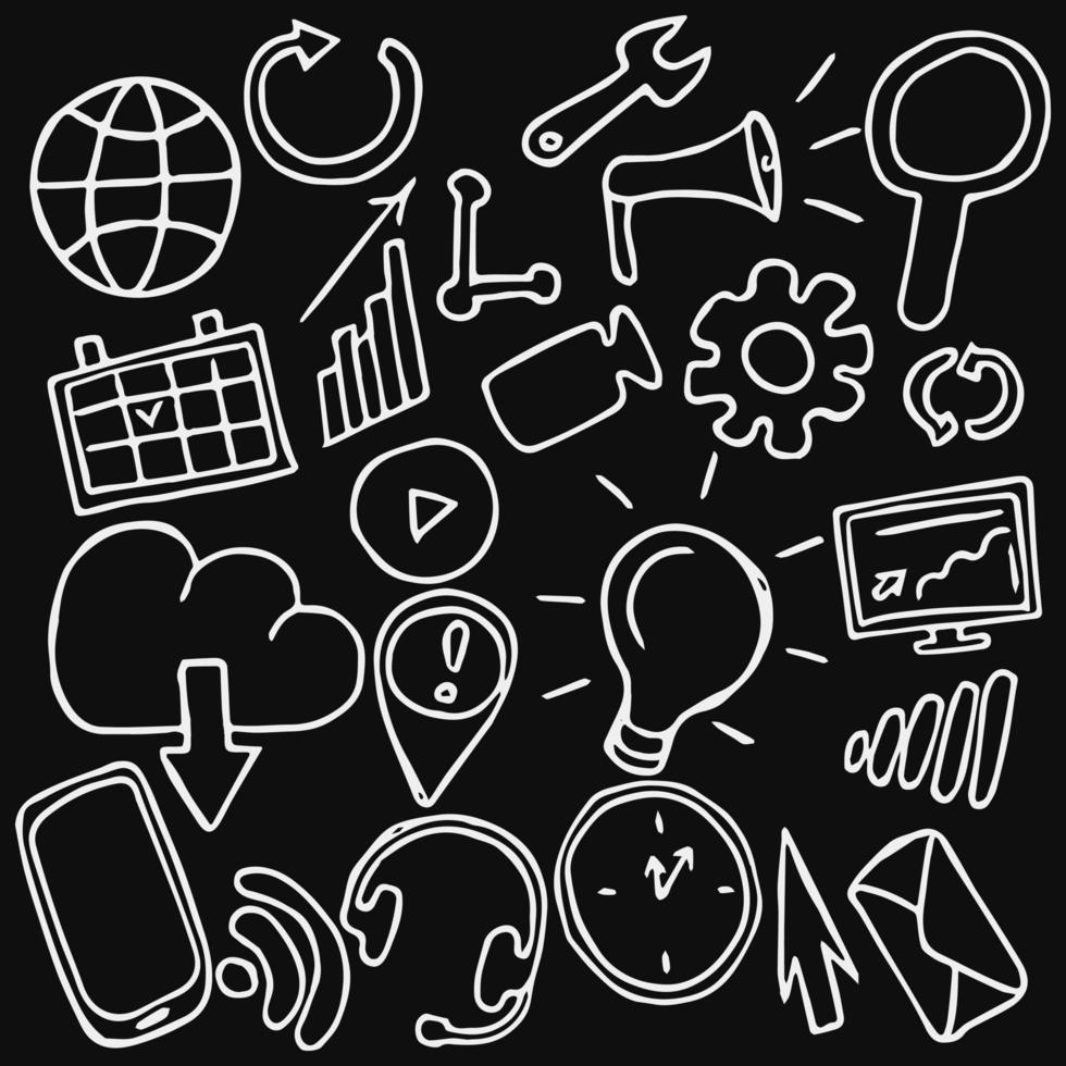 les affaires et la technologie définissent des icônes. vecteur de doodle avec des icônes d'affaires et de technologie sur fond noir. icônes d'affaires vintage, fond d'éléments doux pour votre projet