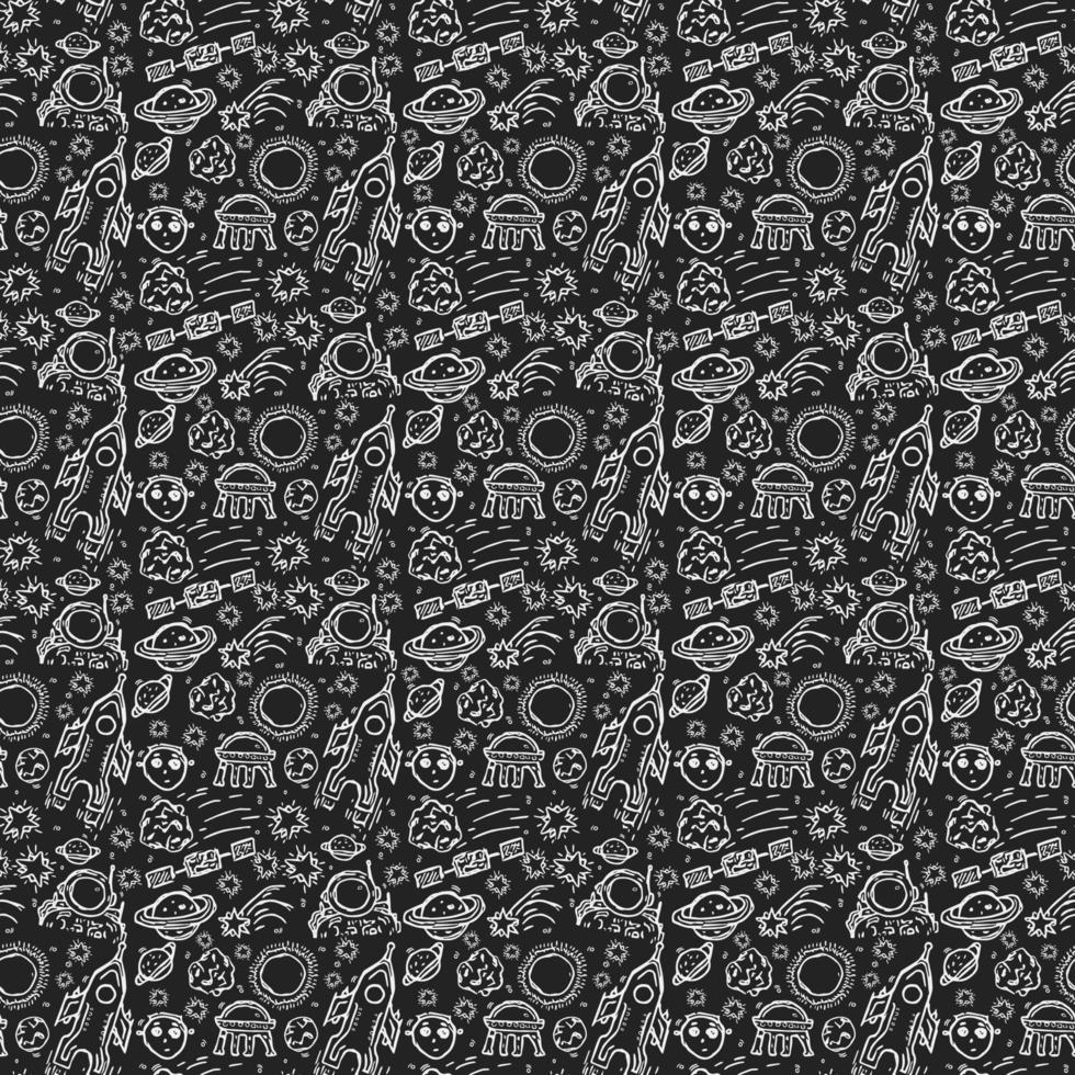 modèle vectorielle continue avec des icônes de cosmos. vecteur de doodle avec des icônes de cosmos sur fond noir. motif d'espace vintage, fond d'éléments doux pour votre projet