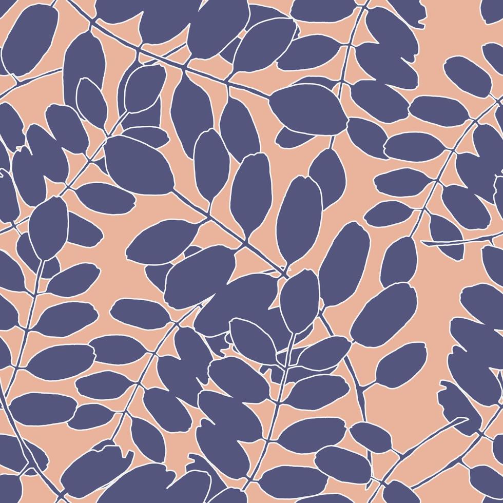 modèle vectorielle continue avec des silhouettes bleues de feuilles d'acacia sur fond rose. zéro déchet, recyclez les outils écologiques. conception d'emballage, emballage de cadeaux, fond d'écran de page Web. vecteur