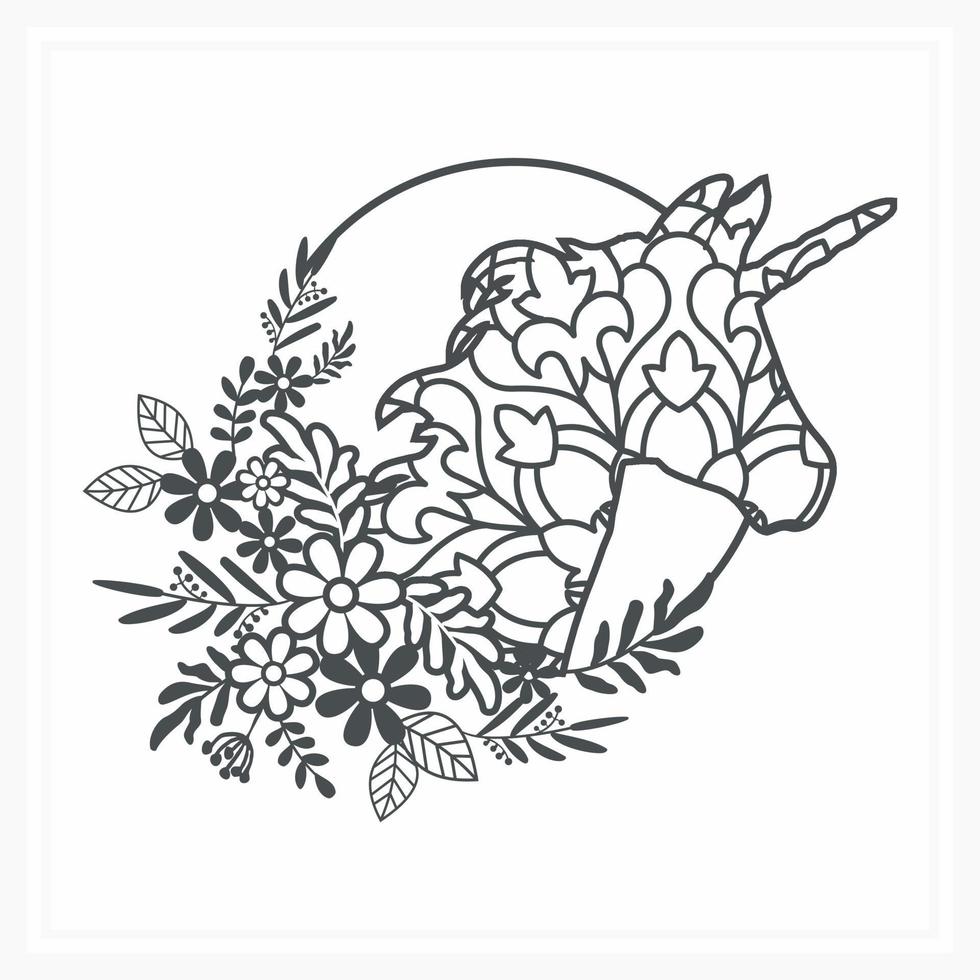 mandala de licorne avec fleur. vecteur, dessin au trait vecteur
