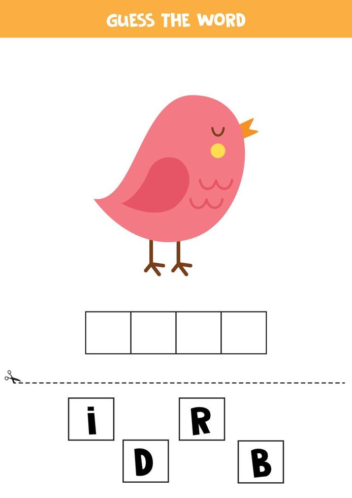 jeu d'orthographe pour les enfants. oiseau de dessin animé mignon. vecteur