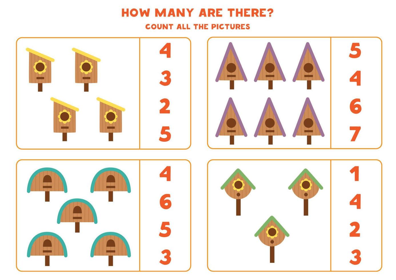 jeu de comptage pour les enfants. comptez tous les nichoirs et faites correspondre les chiffres. feuille de travail pour les enfants. vecteur