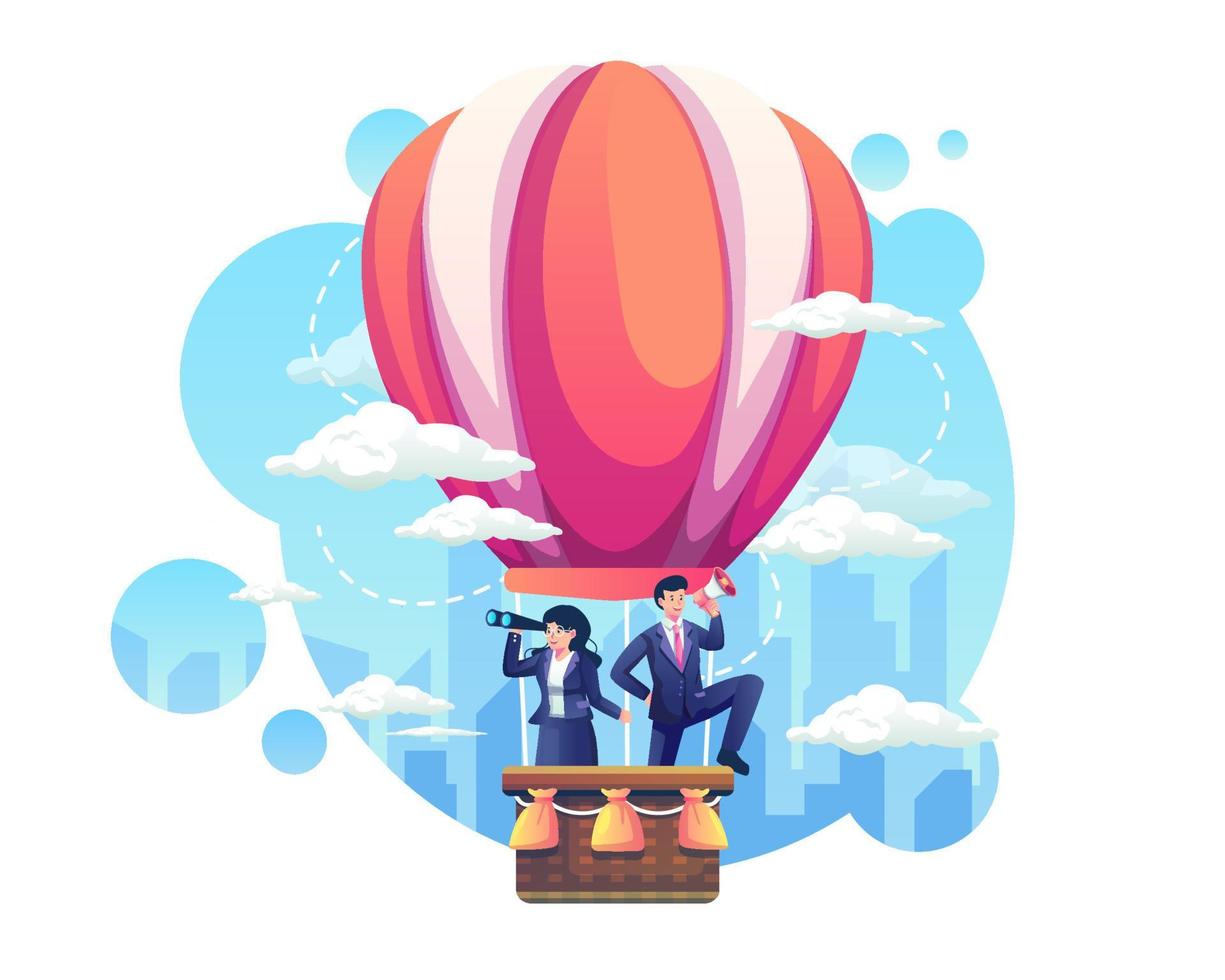 gens d'affaires volant dans des ballons à air chaud à la recherche de nouveaux employés candidats. concept d'embauche et de recrutement. illustration vectorielle de style plat vecteur