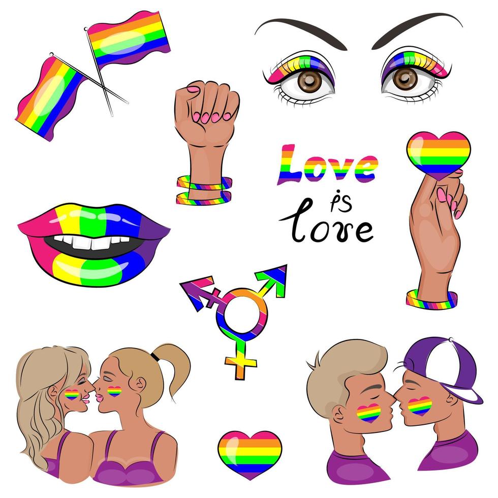ensemble de symboles lgbt, affiche lgbt, gays et lesbiennes s'aiment, avec drapeau arc-en-ciel, signes de genre et coeurs, communauté lgbt, fierté gaie, illustration vectorielle l'amour est amour vecteur