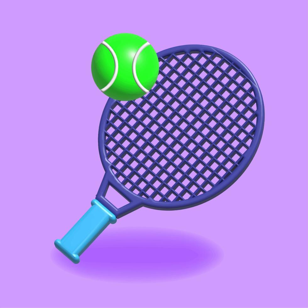 Raquette de tennis 3d, objet réaliste, balle de tennis, illustration vectorielle, élément d'équipement de sport. vecteur